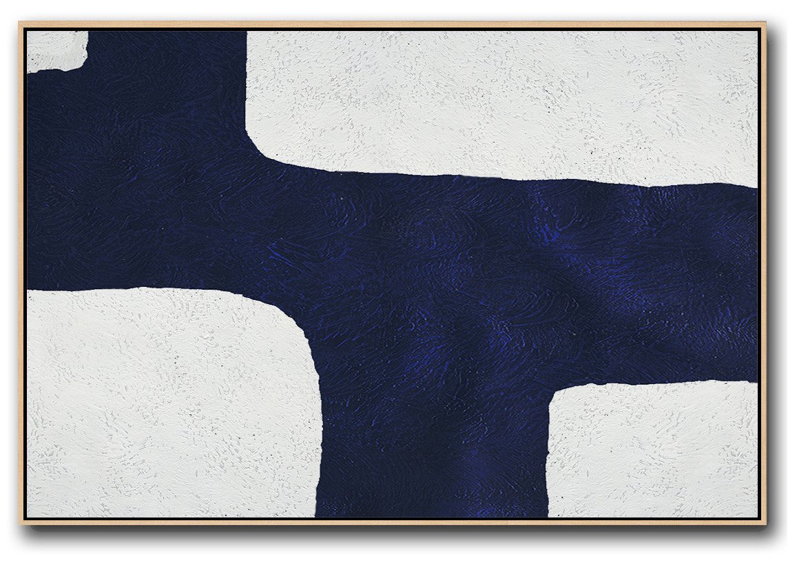 Horizontal Navy Painting Abstract Minimalist Art On Canvas - Black And Grey Canvas Art Huge